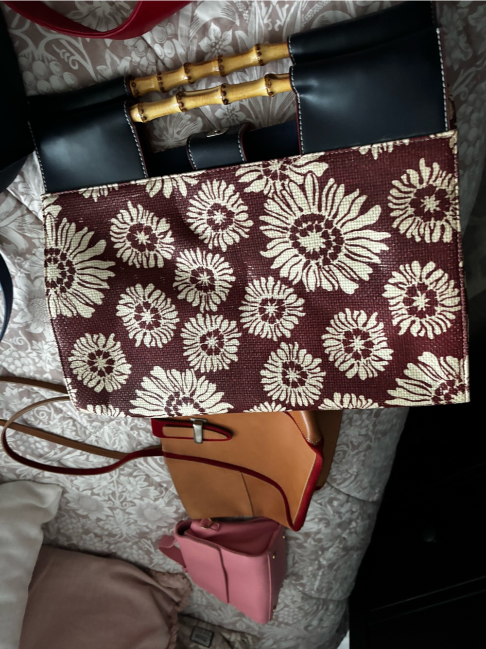 Tommy Hilfiger Burgundy Floral Jacquard Tote with Bamboo Handles